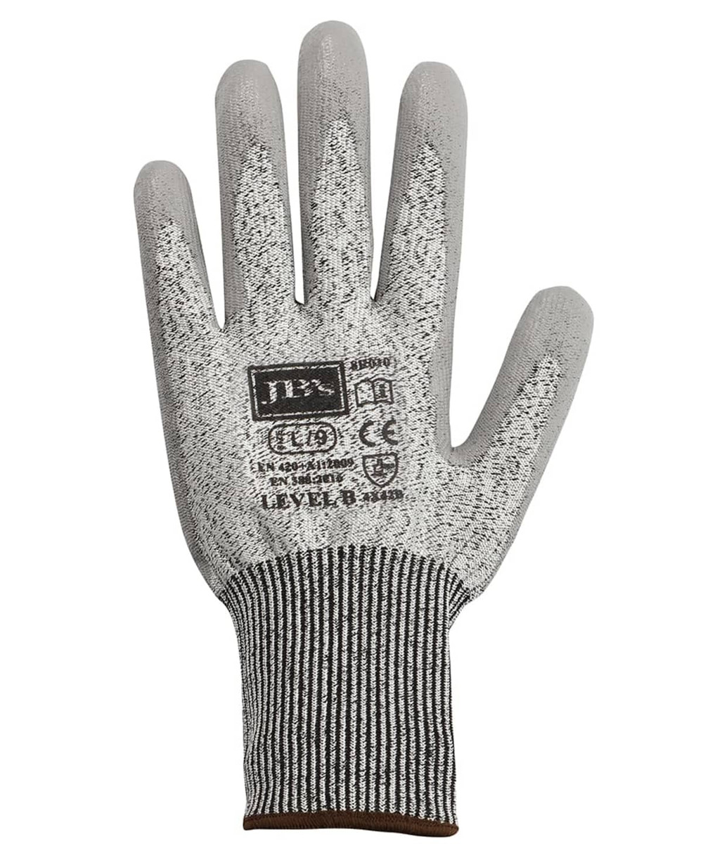 A pair of grey gloves with a textured palm and a ribbed cuff, featuring a logo and certification markings.
