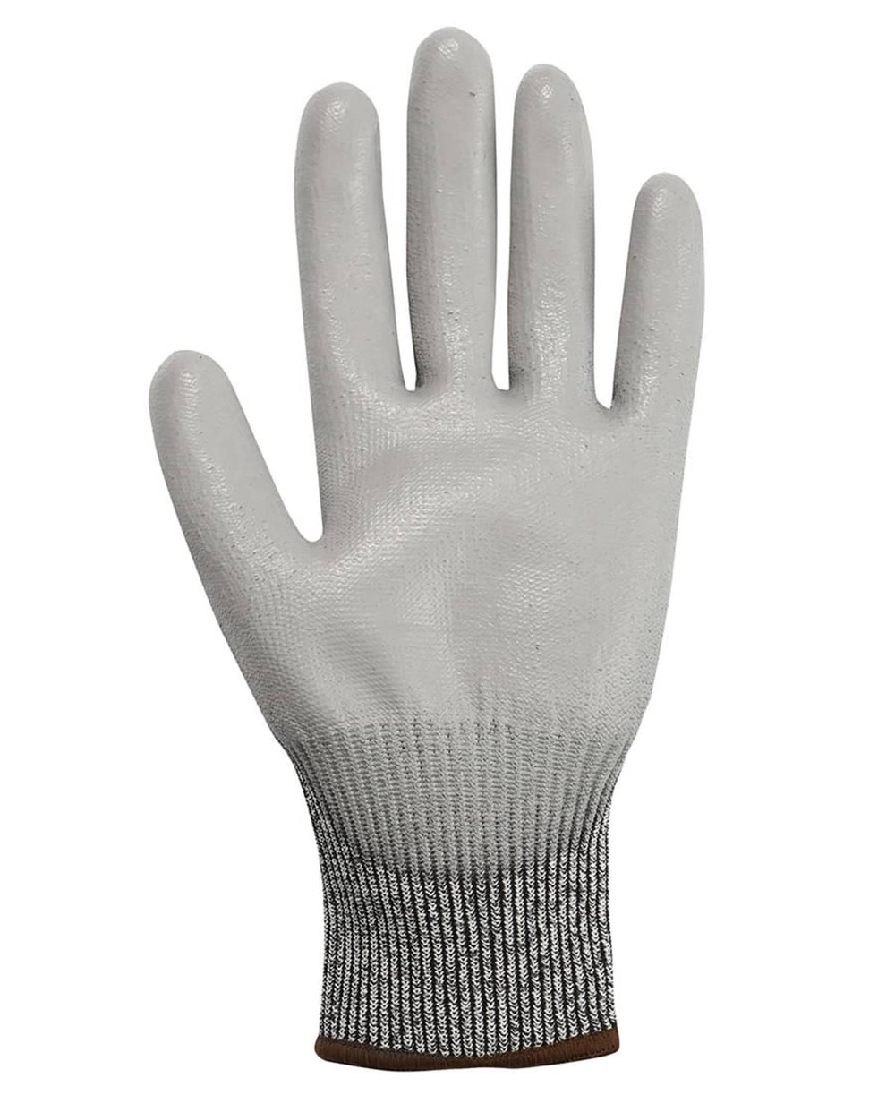 A white cut-resistant glove with a grey knitted wrist cuff. The glove has a textured surface and a branding logo.