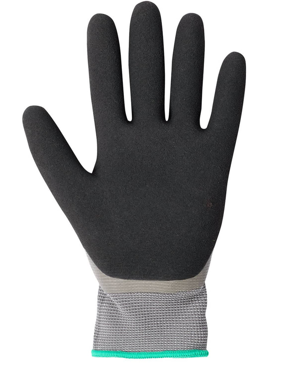 A grey and black waterproof glove with a double latex coating, featuring a textured palm.