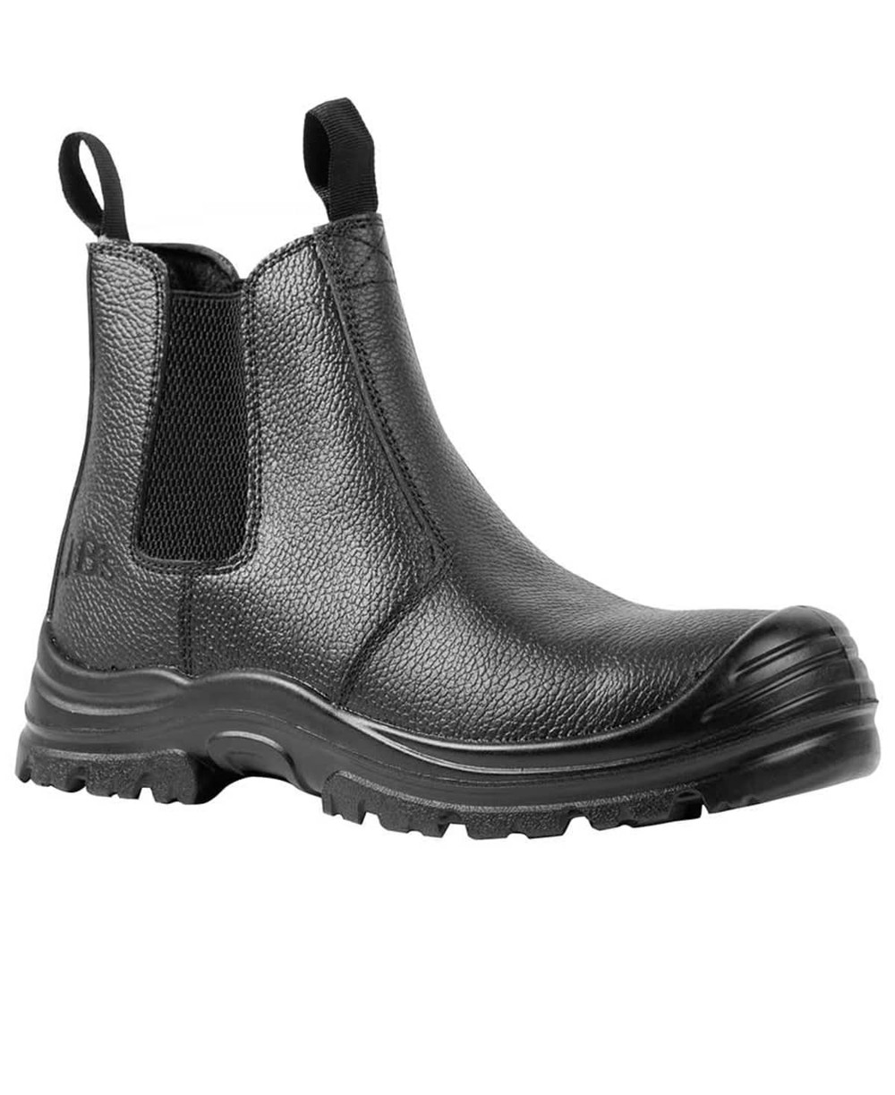 A black elastic-sided boot featuring a textured surface and rubber sole, with a pull tab for easy wear.