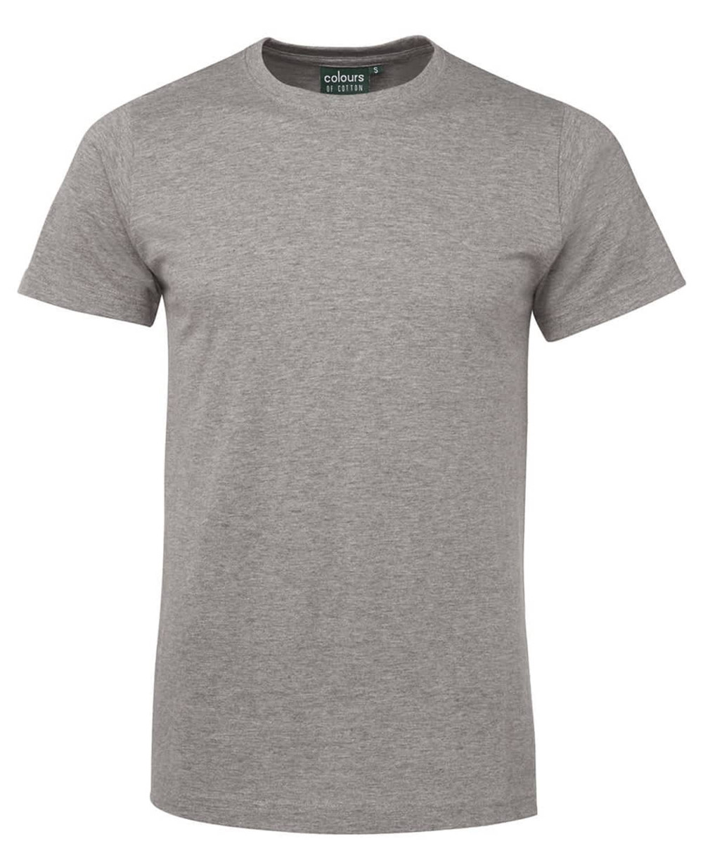 A grey fitted T-shirt with short sleeves and a round neckline, featuring a logo.