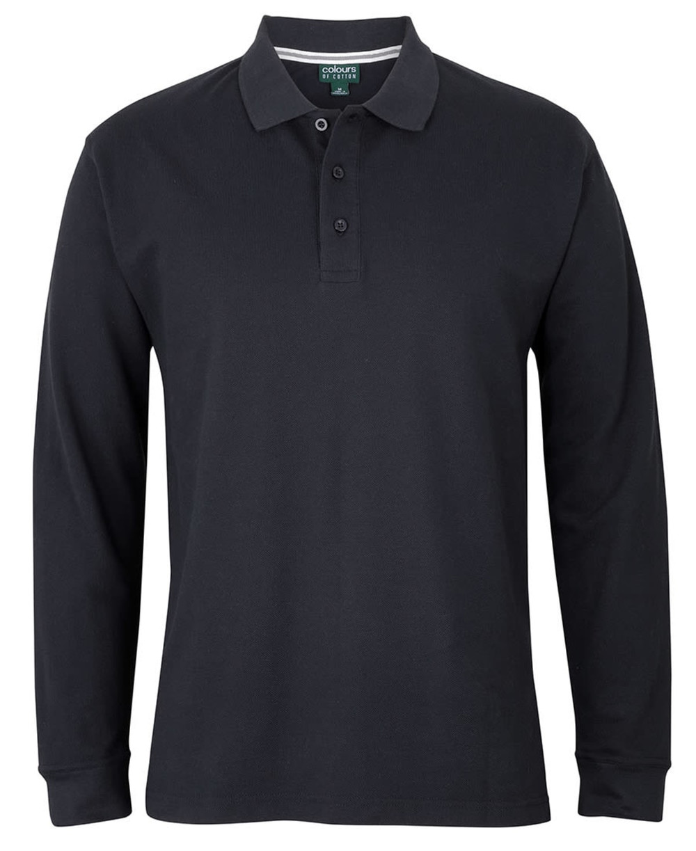 A long-sleeve black polo shirt with a collar and a three-button placket, featuring a logo.