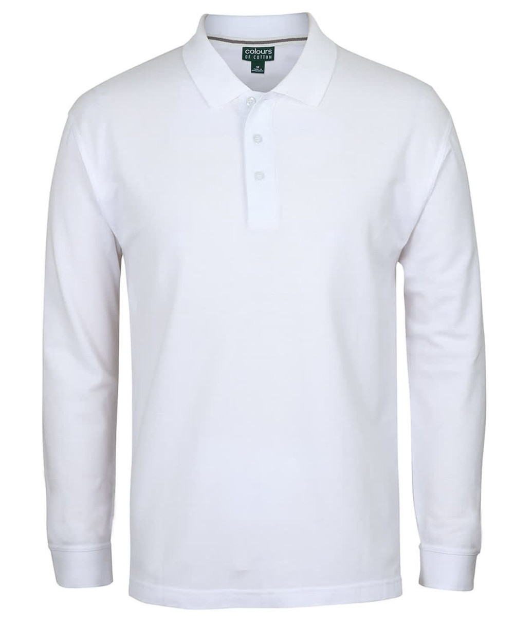A long-sleeved white pique polo shirt featuring a collar and a logo.