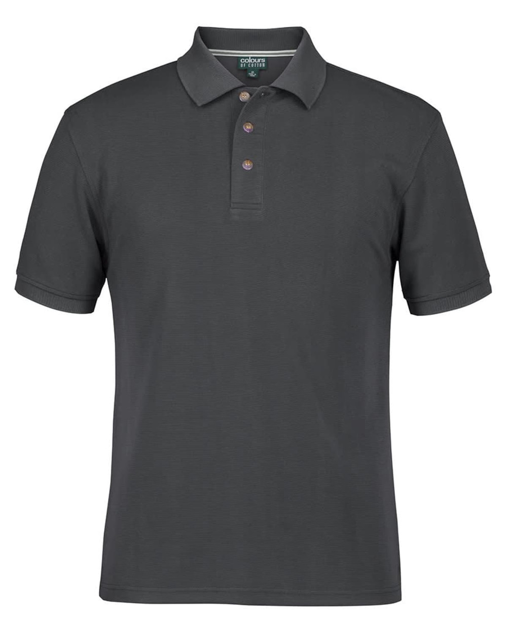 A dark grey polo shirt featuring a collar and three-button placket, with a logo on the chest.