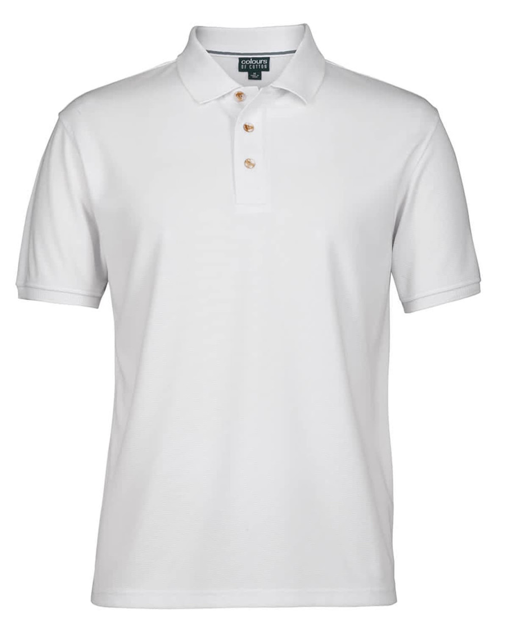 A white polo shirt featuring a classic collar and three buttons, with a logo on the chest.