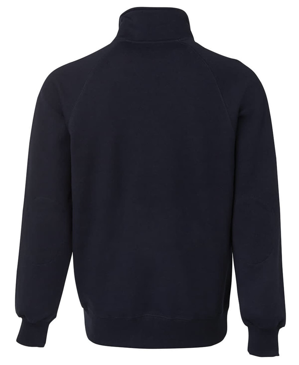 A navy full zip fleece jumper with a collar and raglan sleeves, featuring a logo on the back.