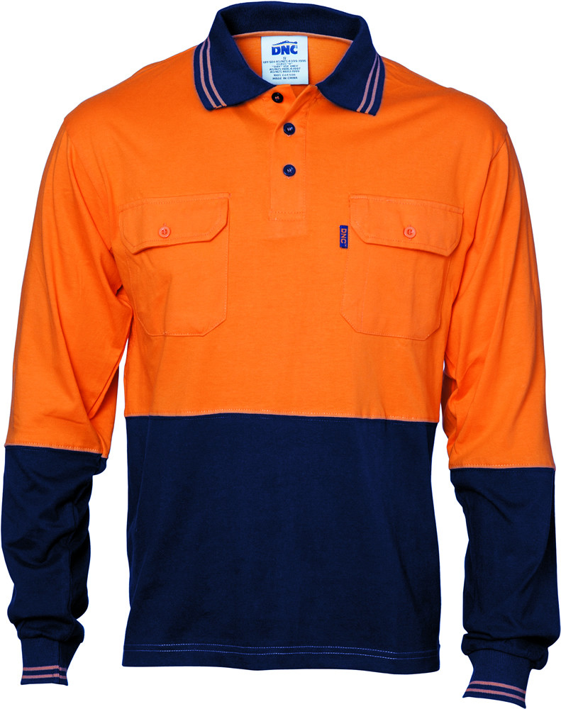 Hi Vis Cool-Breeze Two Tone Cotton Jersey Polo Shirt with Twin Chest Pocket - L/S