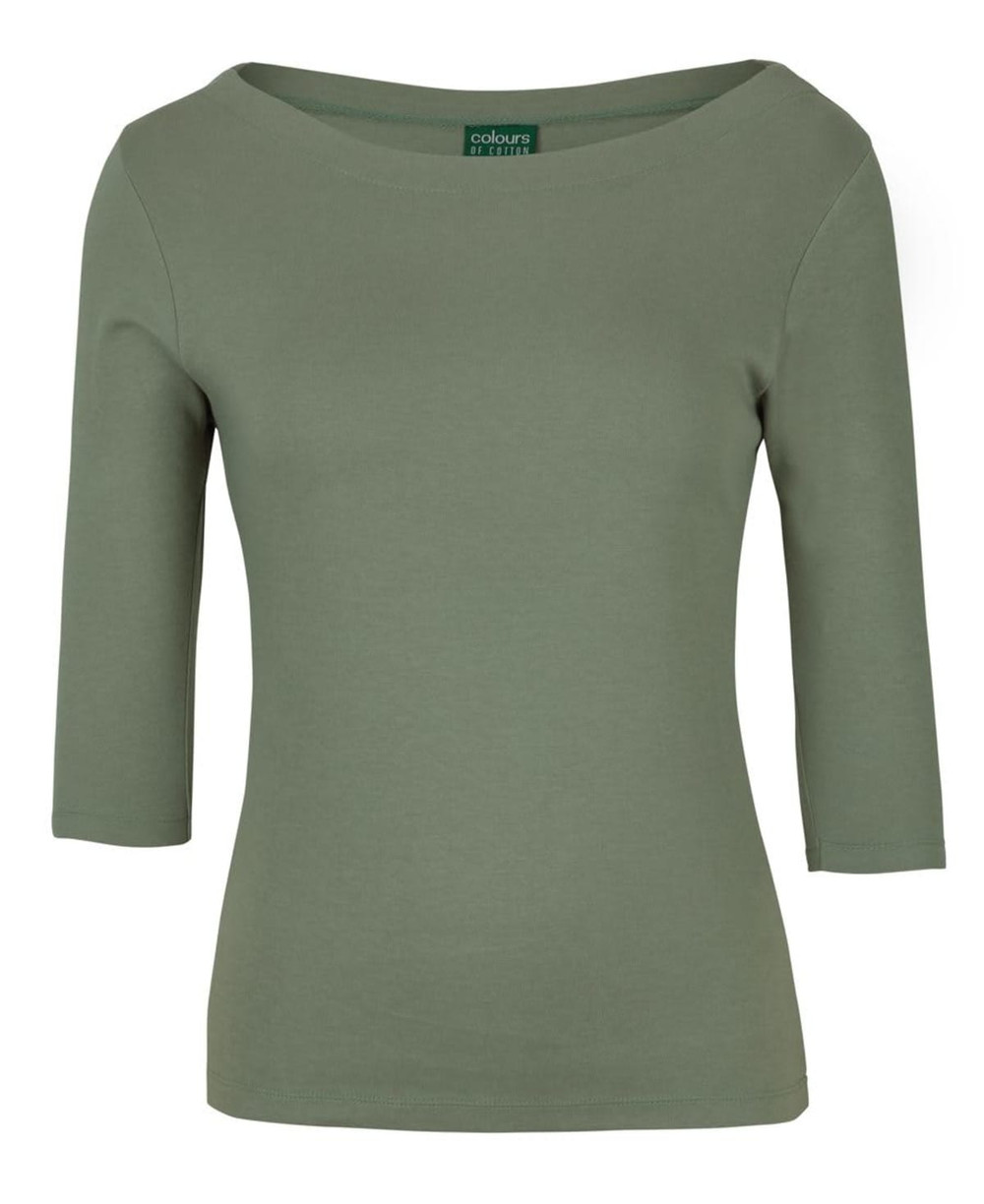 A ladies' 3/4 sleeve boat neck tee in olive green, featuring a fitted design and a logo.