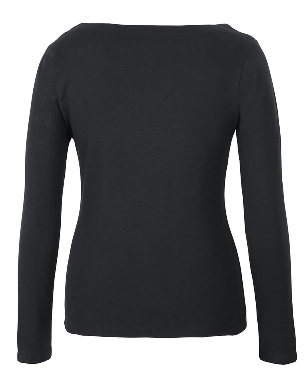 A black long-sleeve boat neck tee with a fitted design and a plain back. Features a logo.