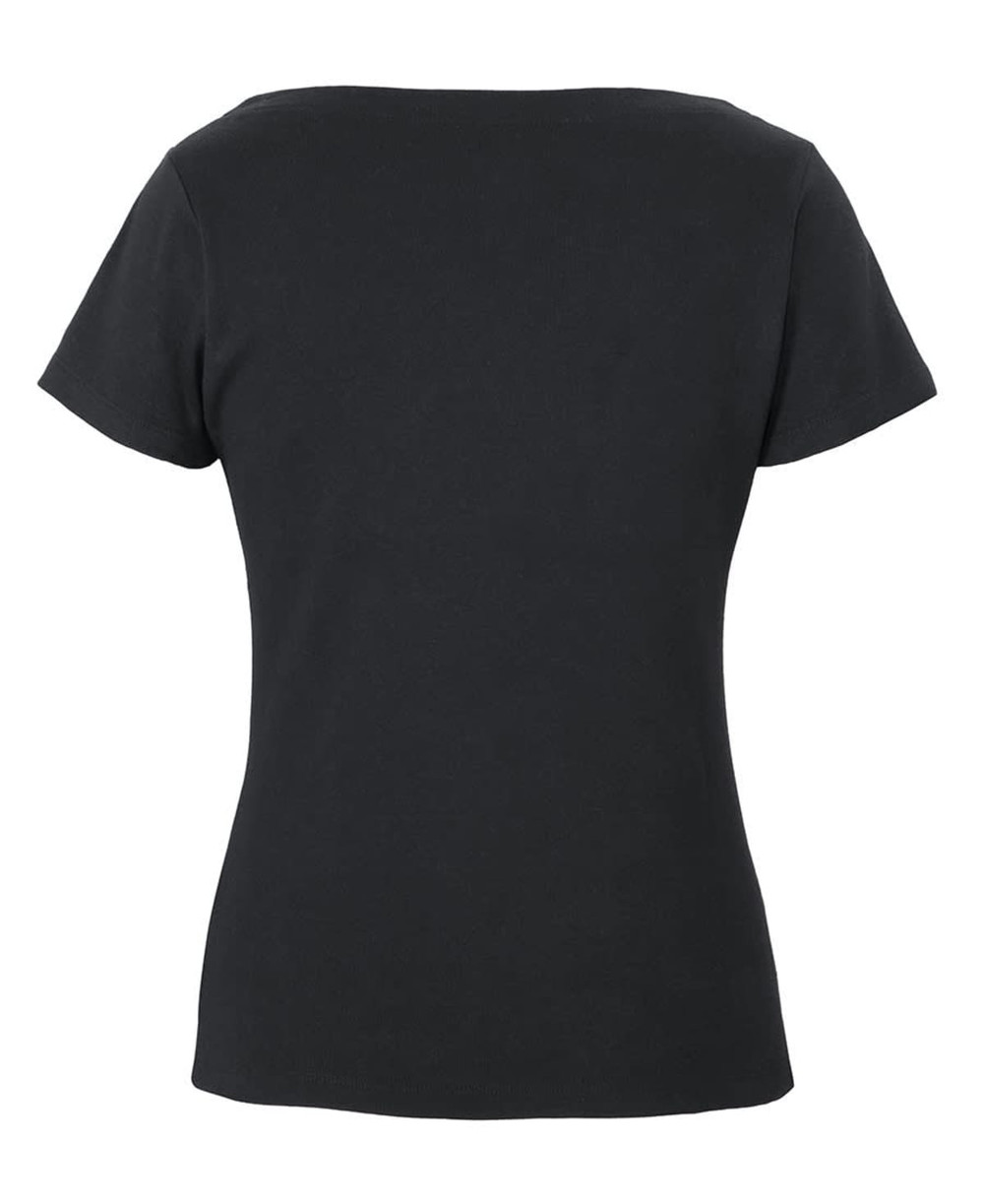 A black boat neck short-sleeve tee with a fitted silhouette and a logo on the back.