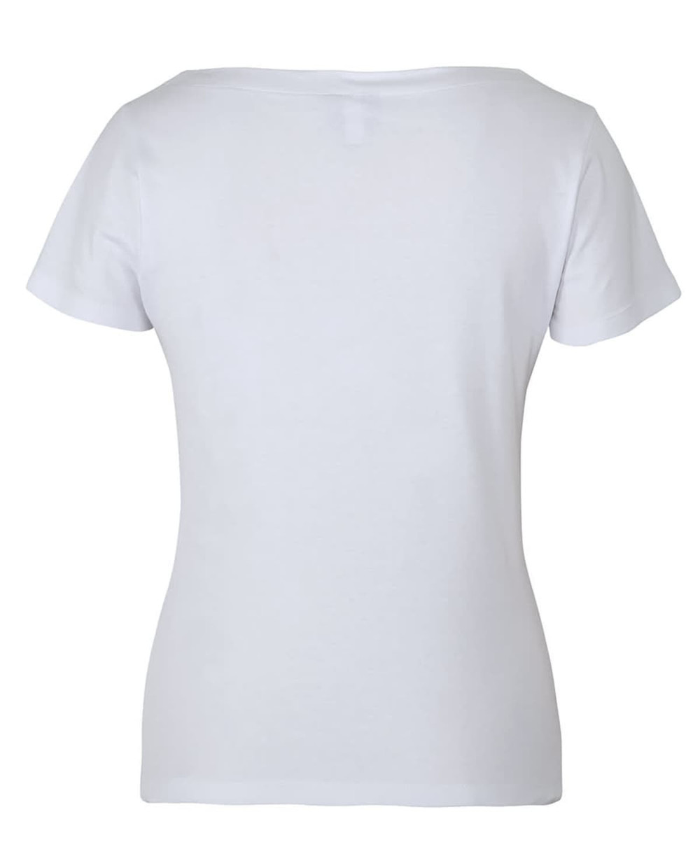 A white ladies' short-sleeve boat neck tee, featuring a fitted style and simple design, with a small logo detail.