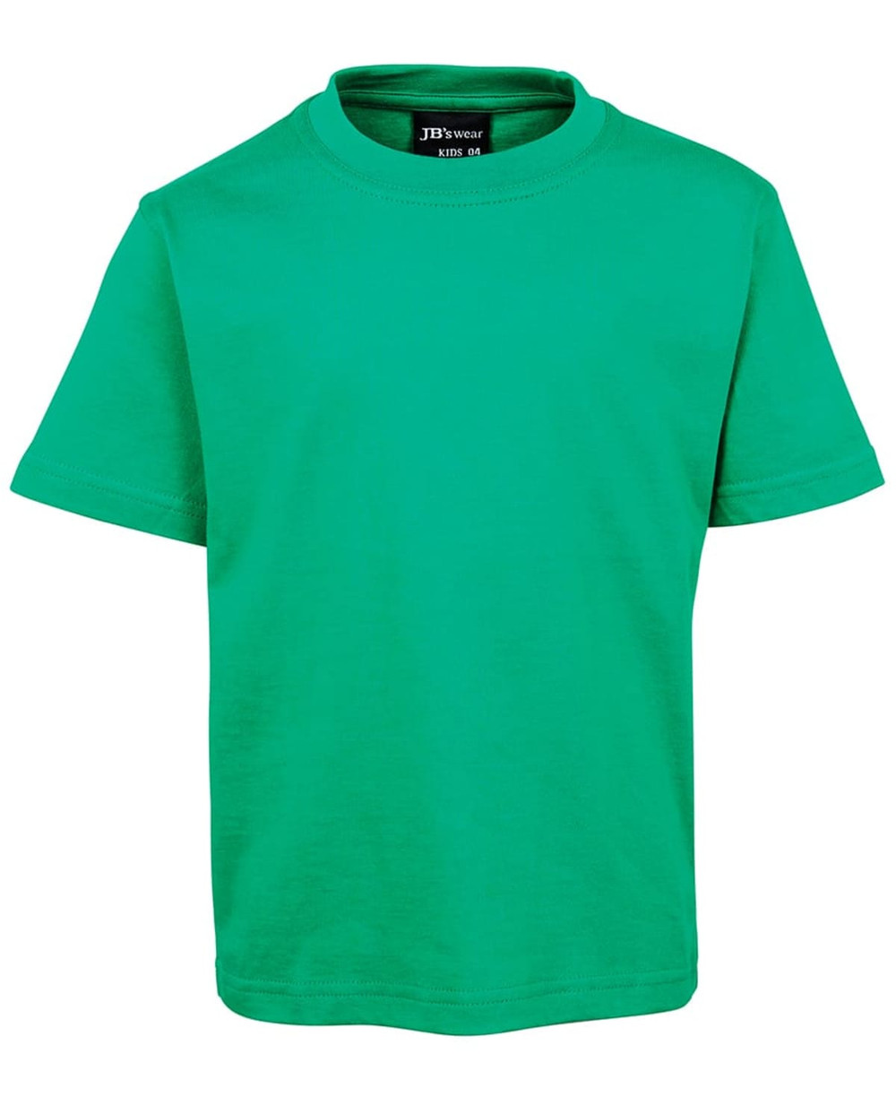 A bright green kids' T-shirt with a round neck and short sleeves. It features a brand logo on the inside label.