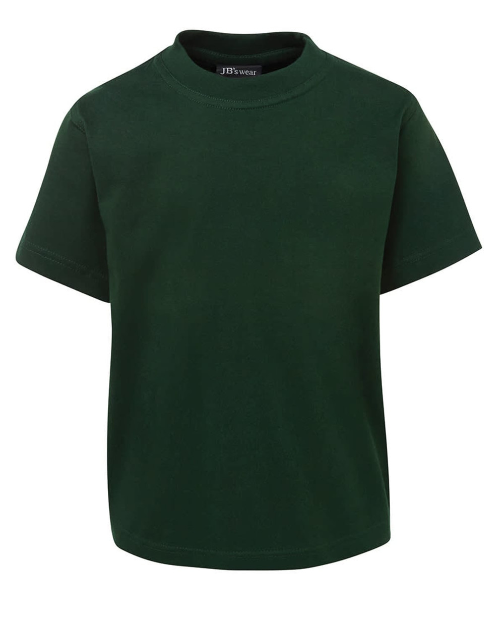A green kids' T-shirt featuring a round neck and short sleeves, with a logo at the neckline.