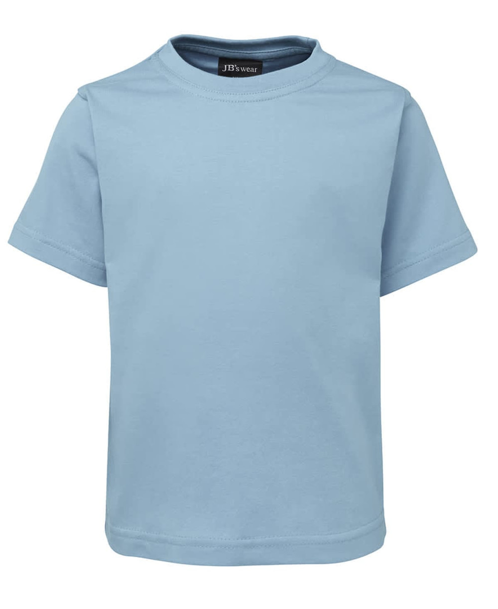 A light blue kids' T-shirt featuring a crew neck and short sleeves, with a small logo on the label.