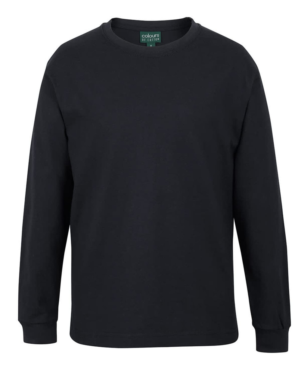 A black long-sleeve T-shirt with a round neckline and a logo tag at the collar.