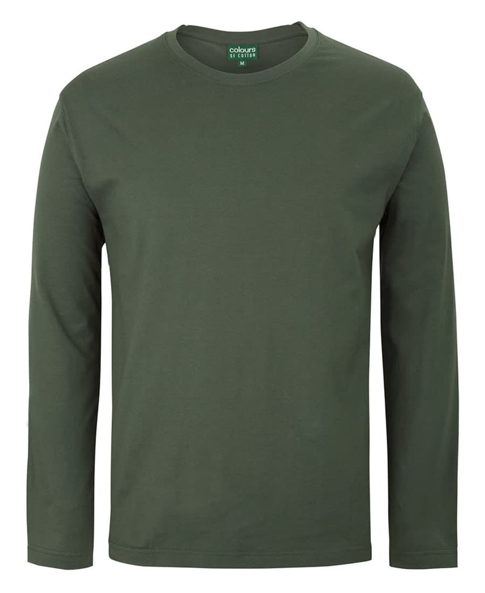 A long-sleeve T-shirt in a solid olive green colour, featuring a brand logo at the neckline.