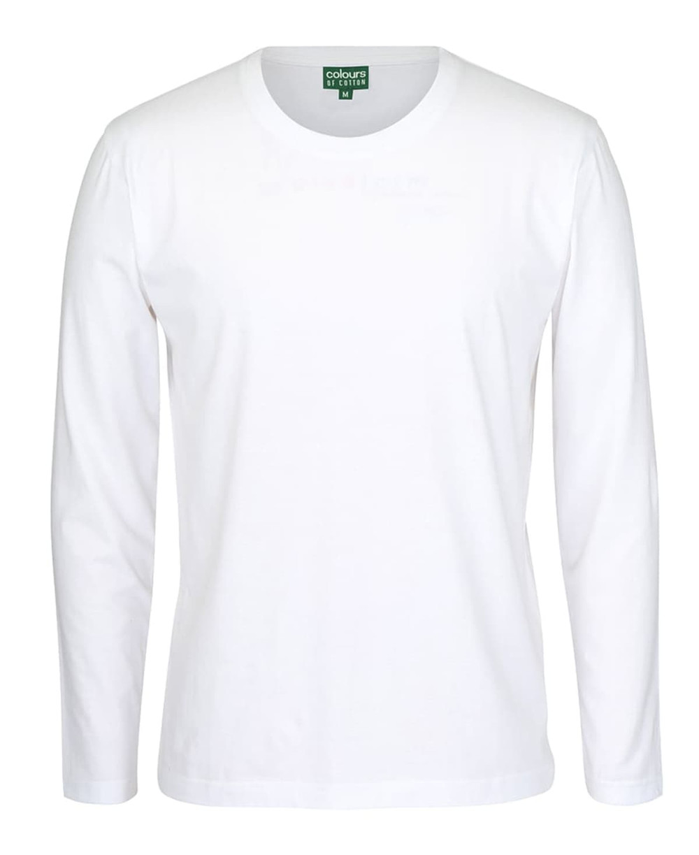 A white long-sleeve t-shirt displayed flat, featuring a simple design and a logo on the collar.