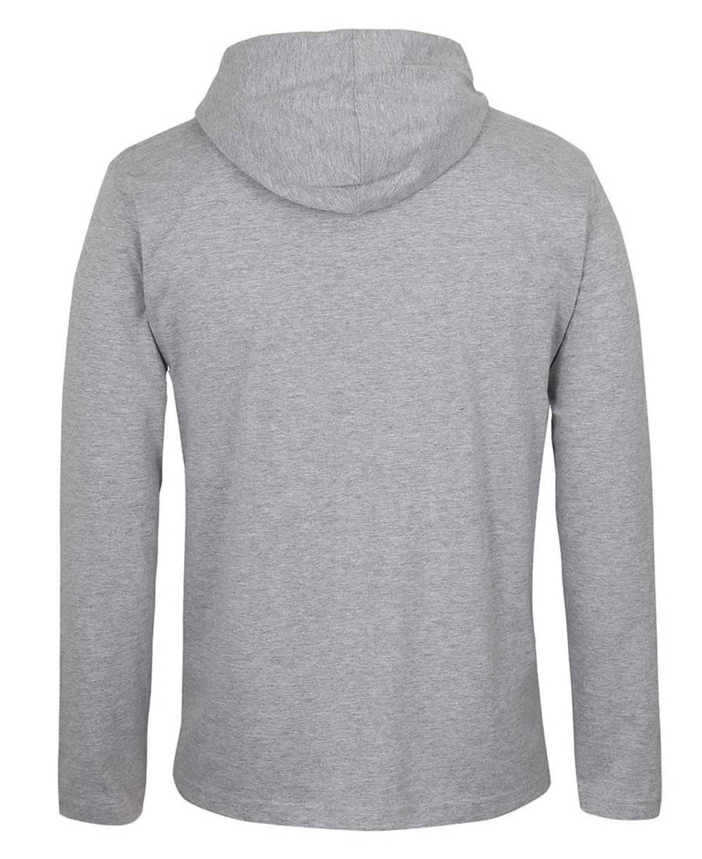 A grey long-sleeve hooded tee featuring a simple design and a hood at the back.