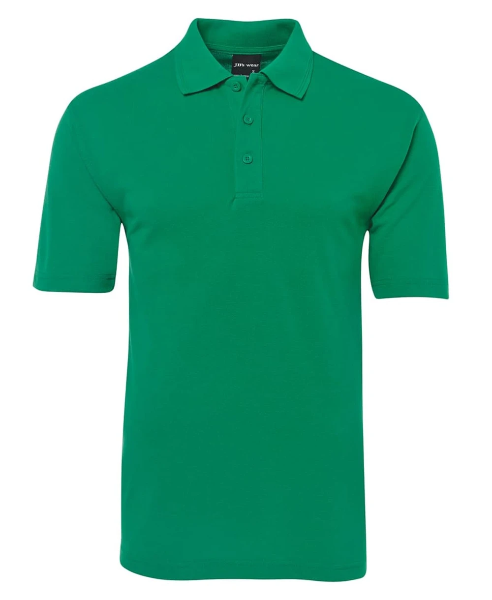 A green polo shirt featuring a collar and three buttons, designed for casual wear, with a logo on the chest.