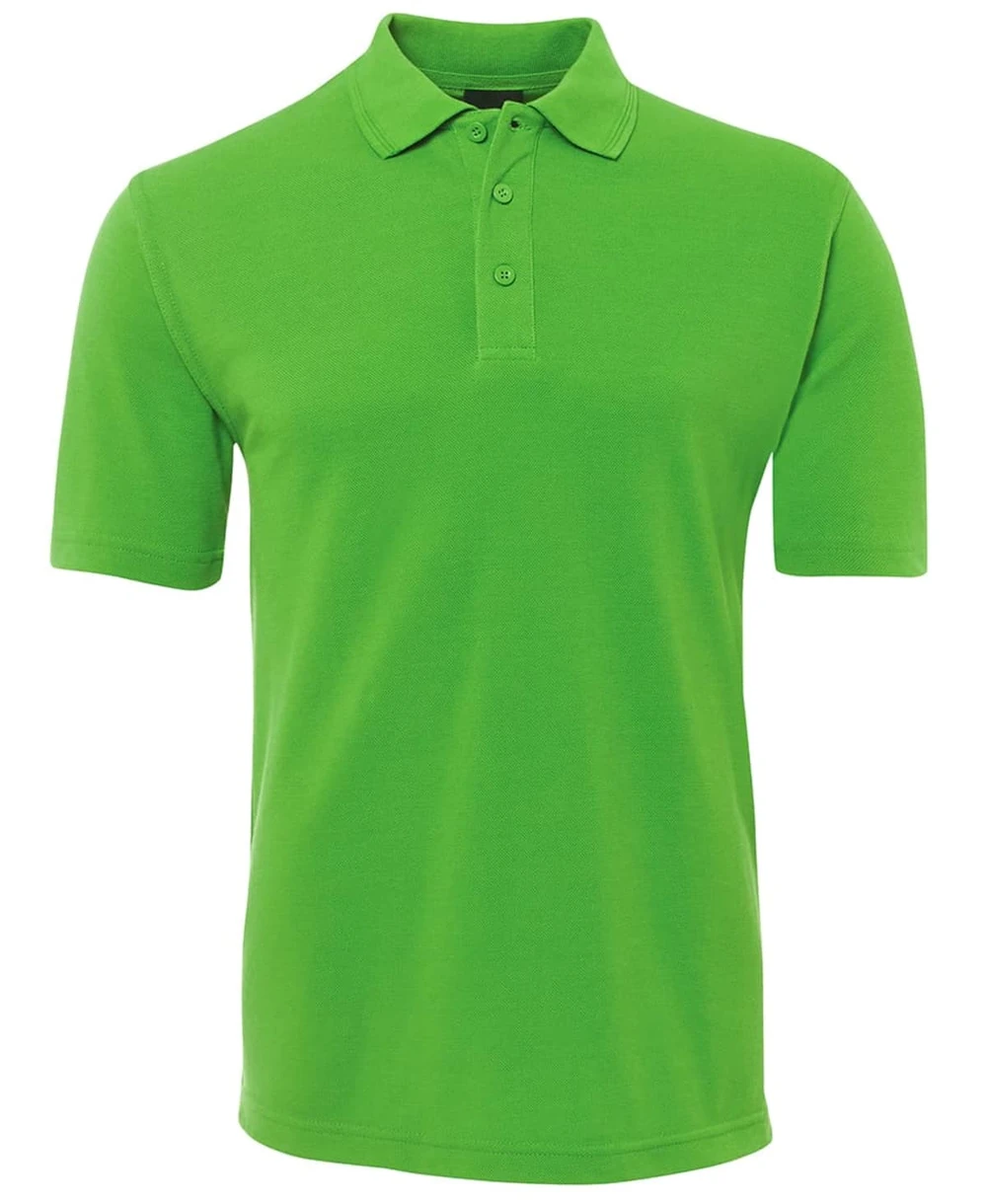 A bright green polo shirt with a collar and short sleeves, featuring a logo on the chest.