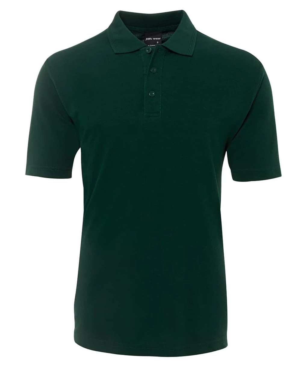 A dark green polo shirt with a collar and button placket, featuring a logo on the chest.