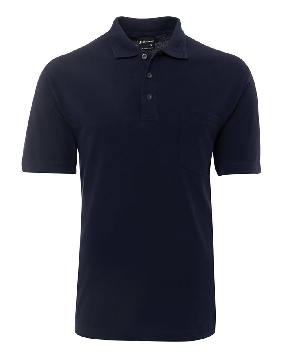 A navy blue polo shirt featuring a collar, buttons, and a pocket, with a logo present on the fabric.