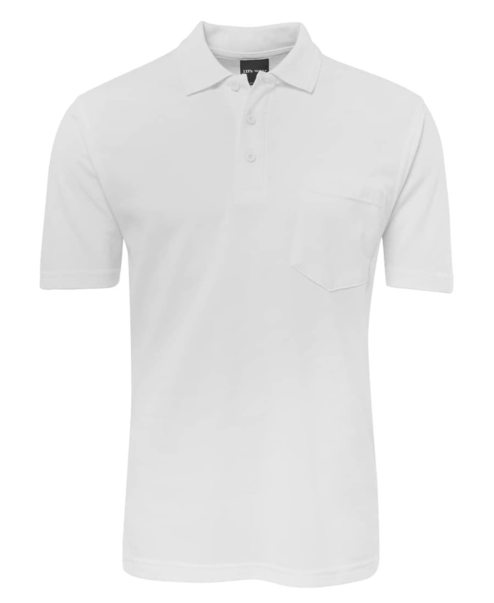 A white polo shirt with a collar and a pocket, featuring a logo on the collar.