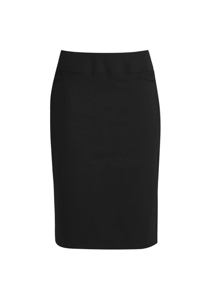 A knee-length women's skirt in black with a fitted design and a waistband. It features a branding logo.