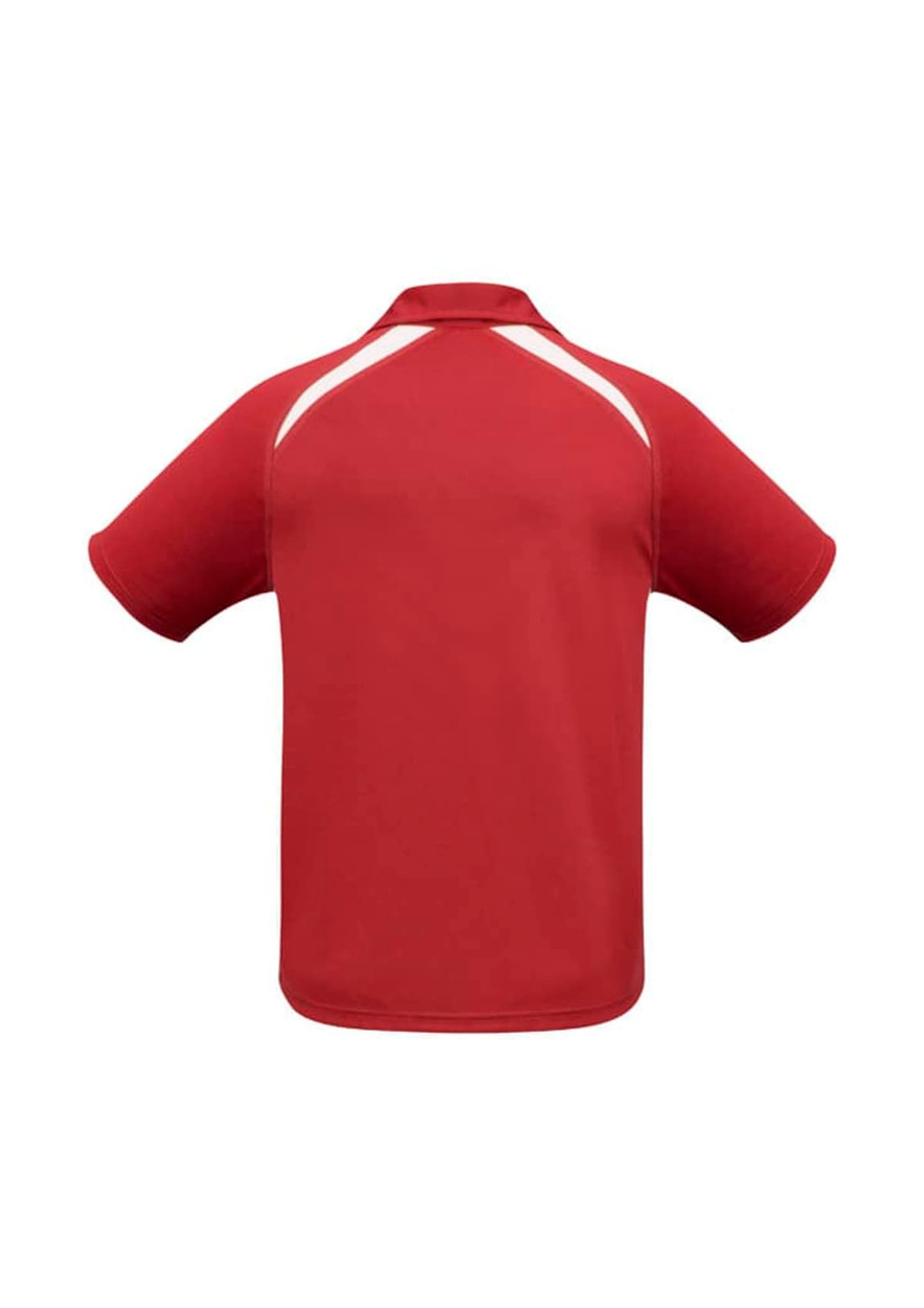 A red short sleeve polo shirt featuring white accents and a logo. Suitable for kids.
