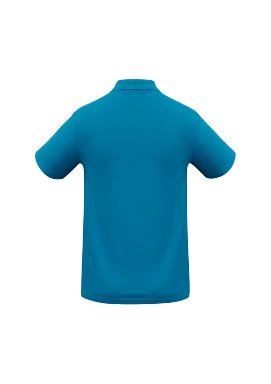 A turquoise crew men's polo shirt with a classic collar and short sleeves, featuring a logo.