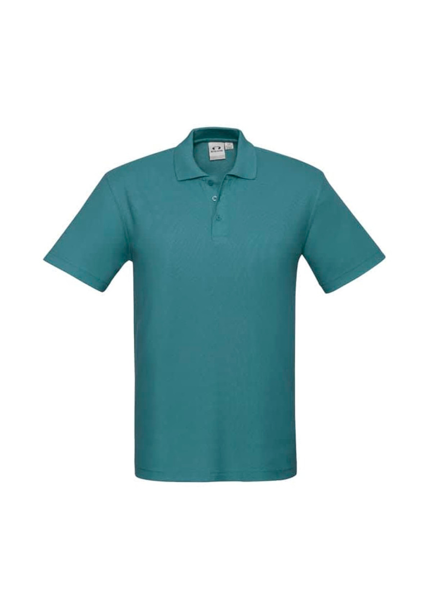 A teal men's polo shirt featuring a classic collar and short sleeves, with a logo on the chest.