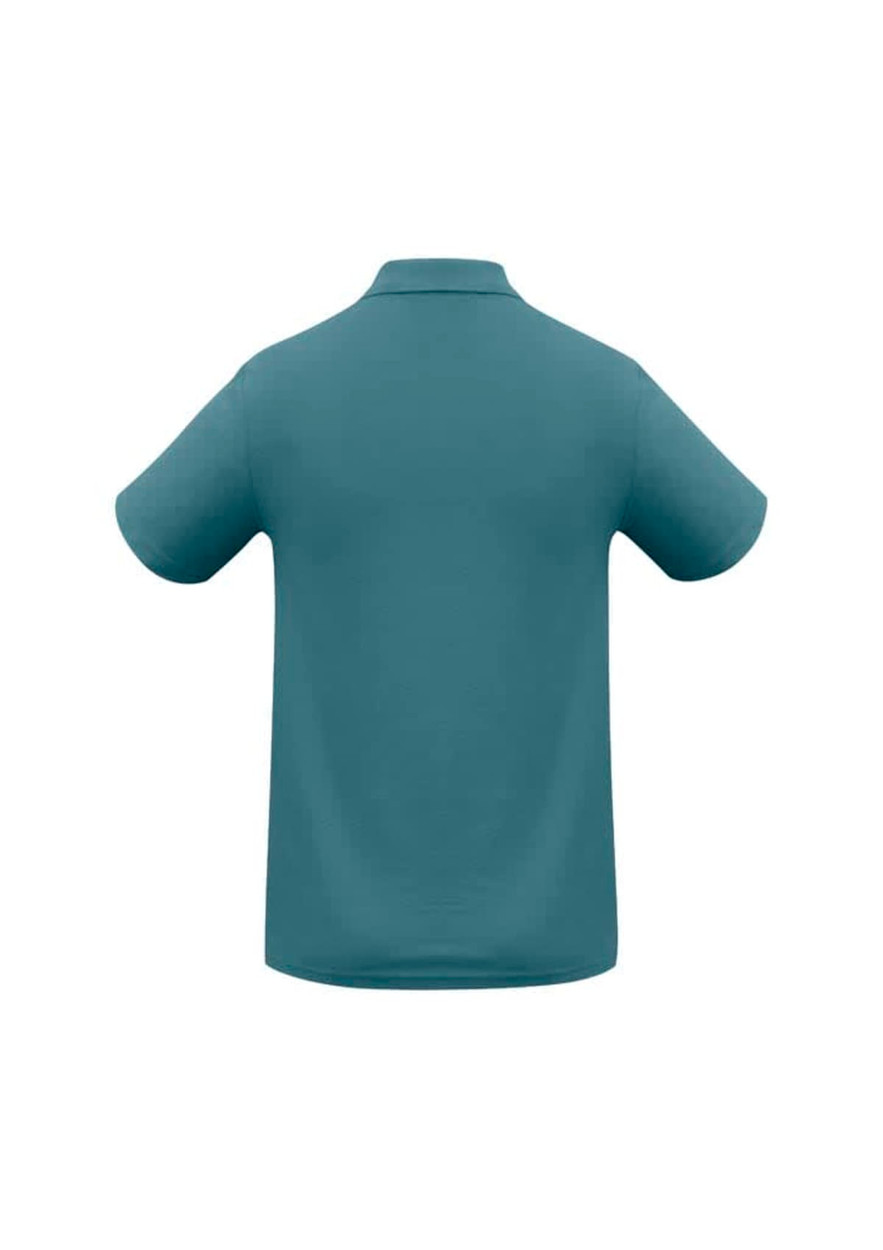 A teal men's polo shirt with short sleeves and a classic collar, featuring a branding logo.