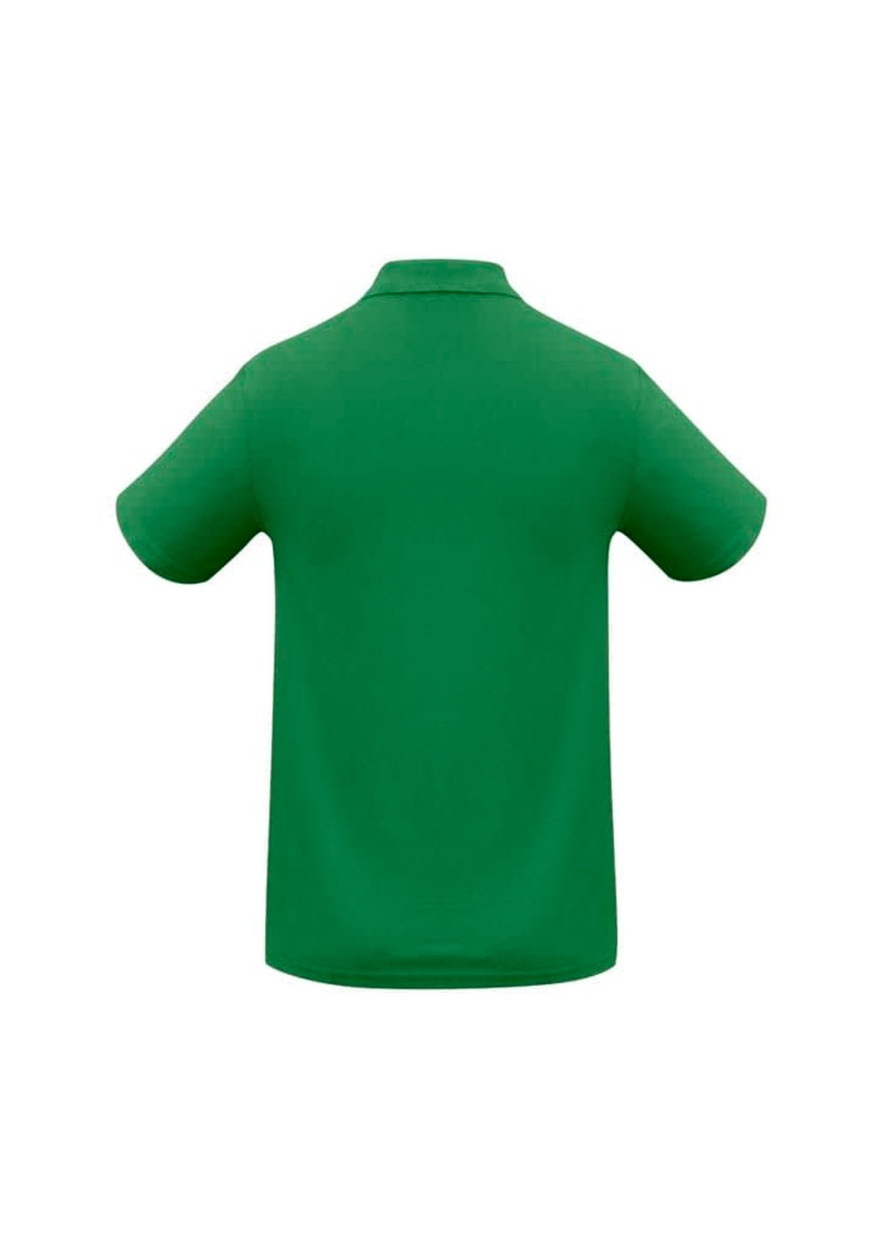 A green men's polo shirt with a collar and short sleeves, featuring a logo on the back.