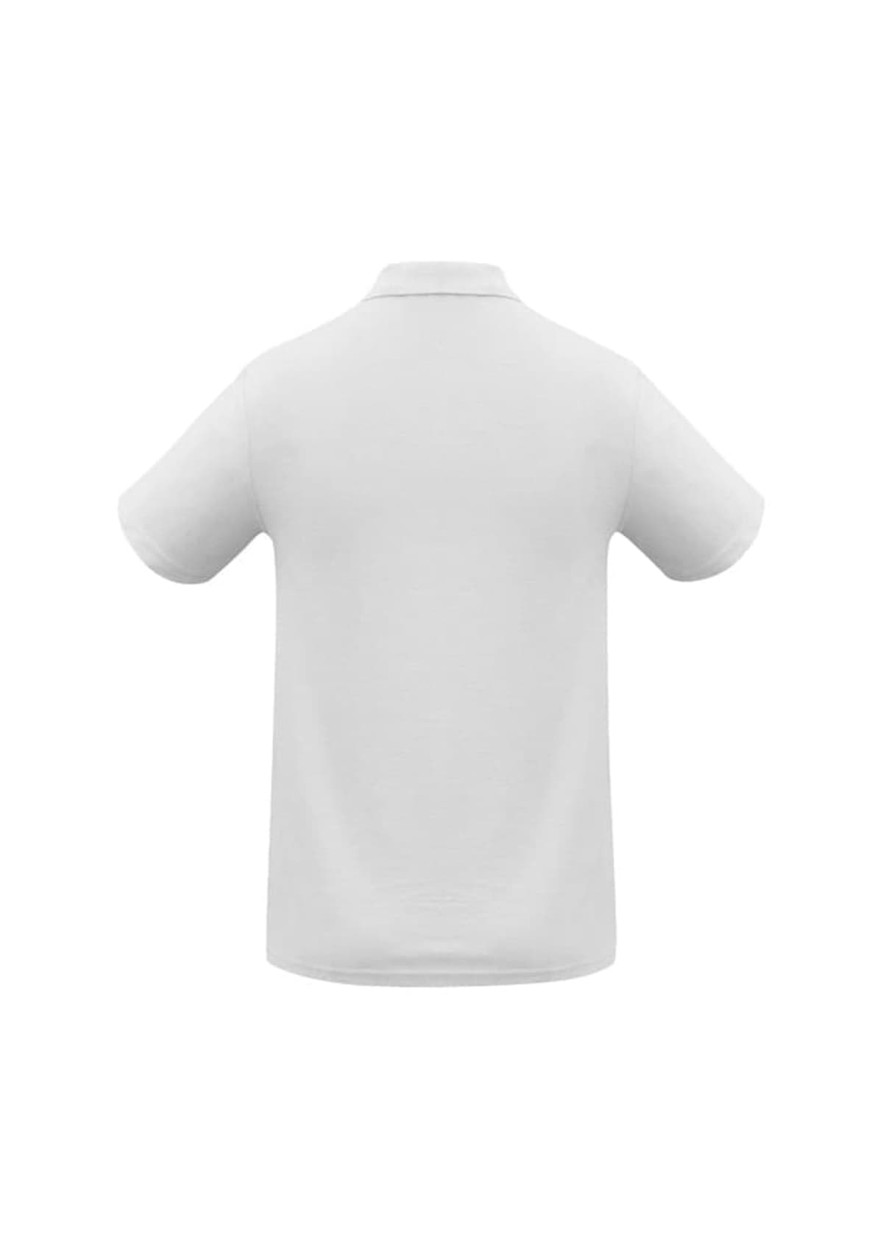 A white polo shirt featuring a collar and short sleeves, with a logo on the back.