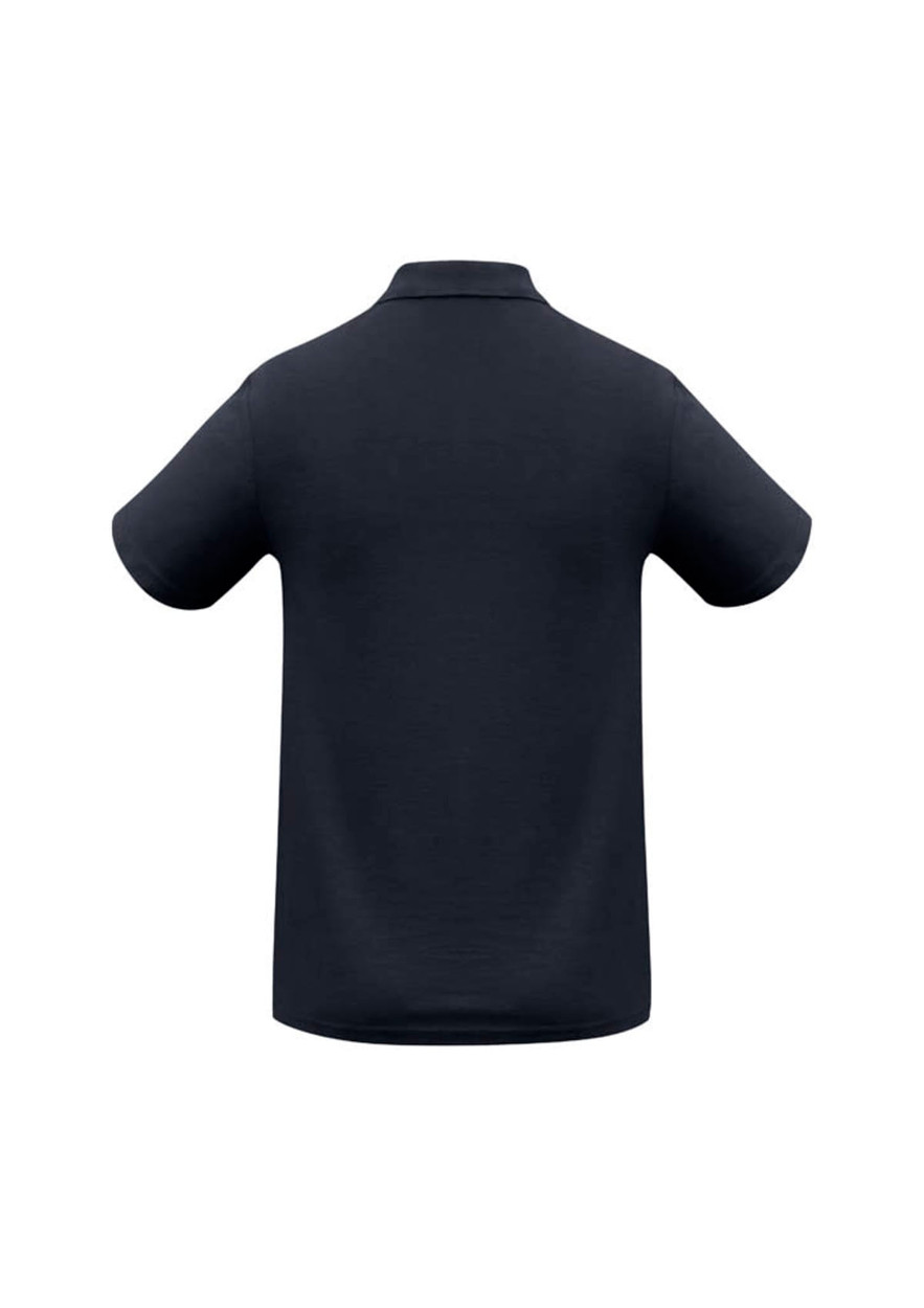 A navy blue men's polo shirt featuring a classic design and a logo on the back.