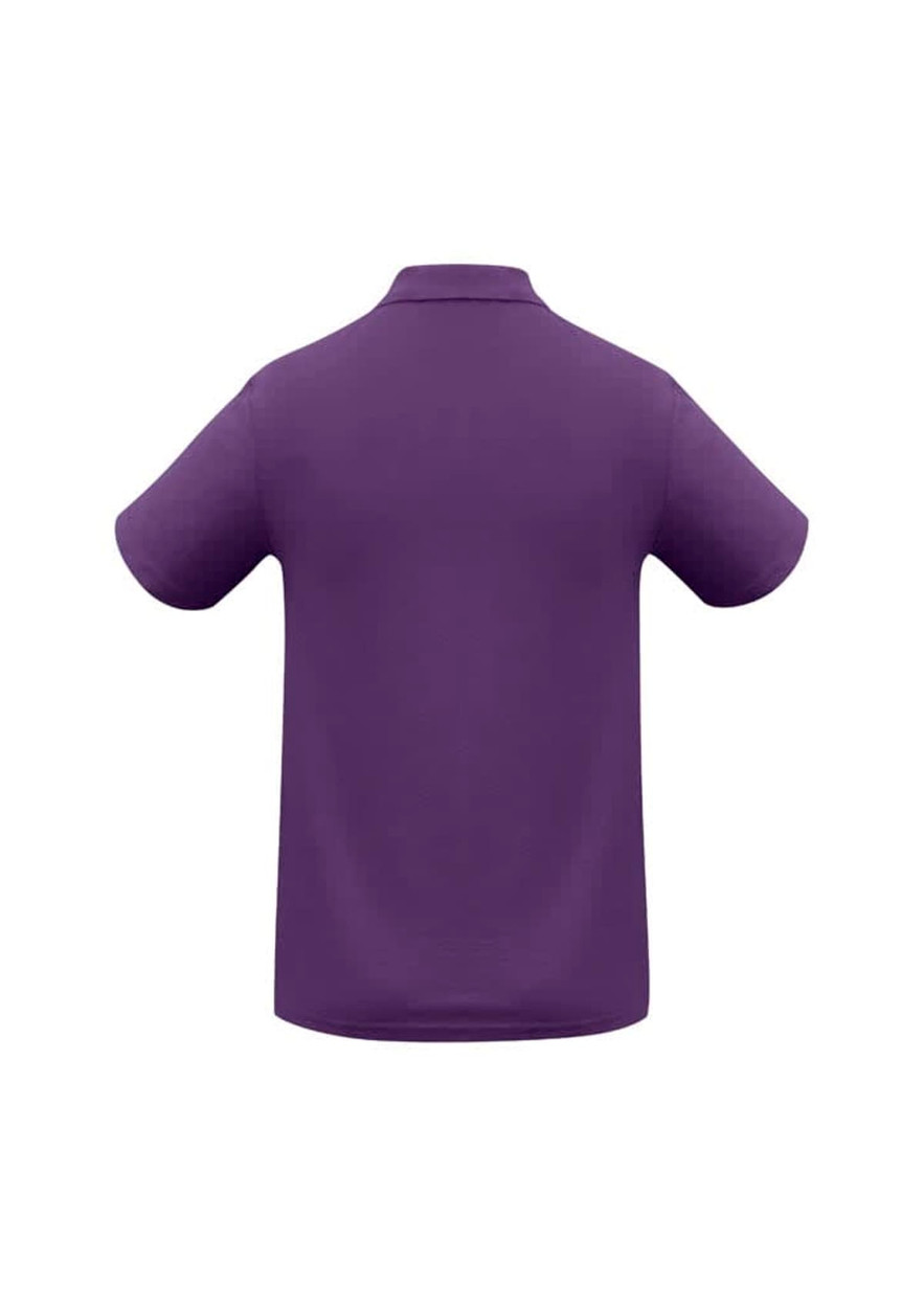 A purple crew men's polo shirt with short sleeves and a collar, featuring a logo.