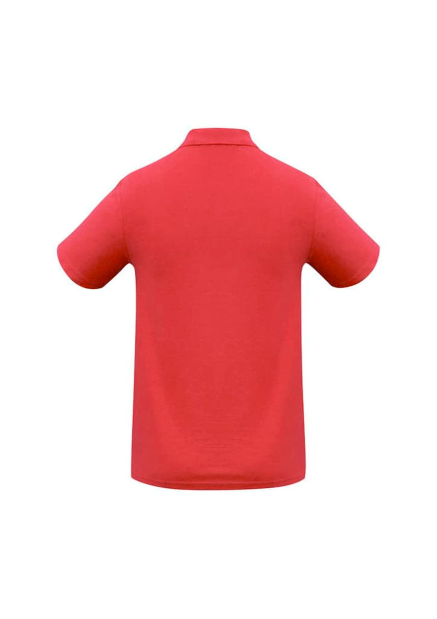 A red polo shirt with a collar and short sleeves. The back features a logo.