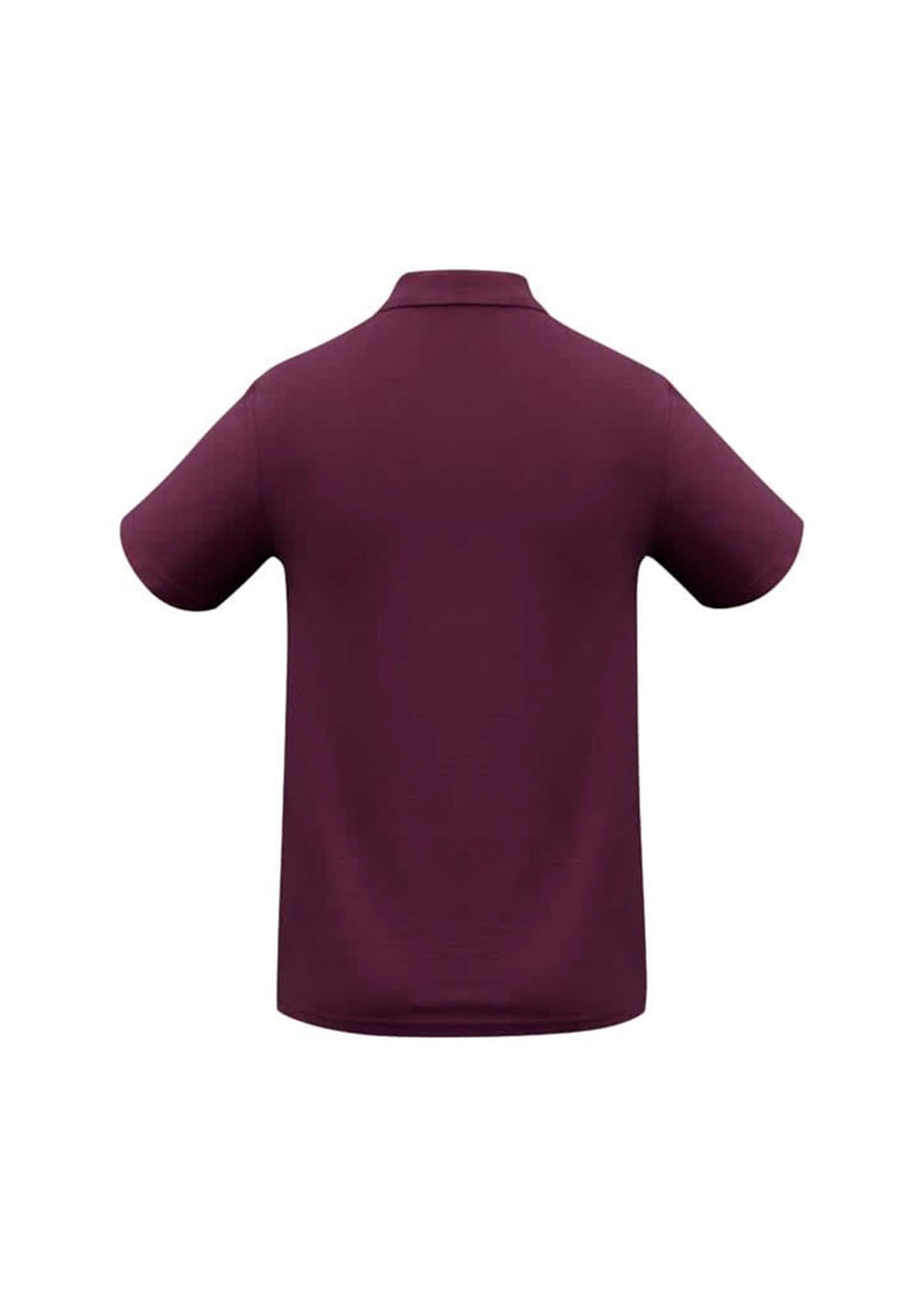 A men's polo shirt in a rich purple hue, featuring short sleeves and a classic collar. It has a small logo on the back.
