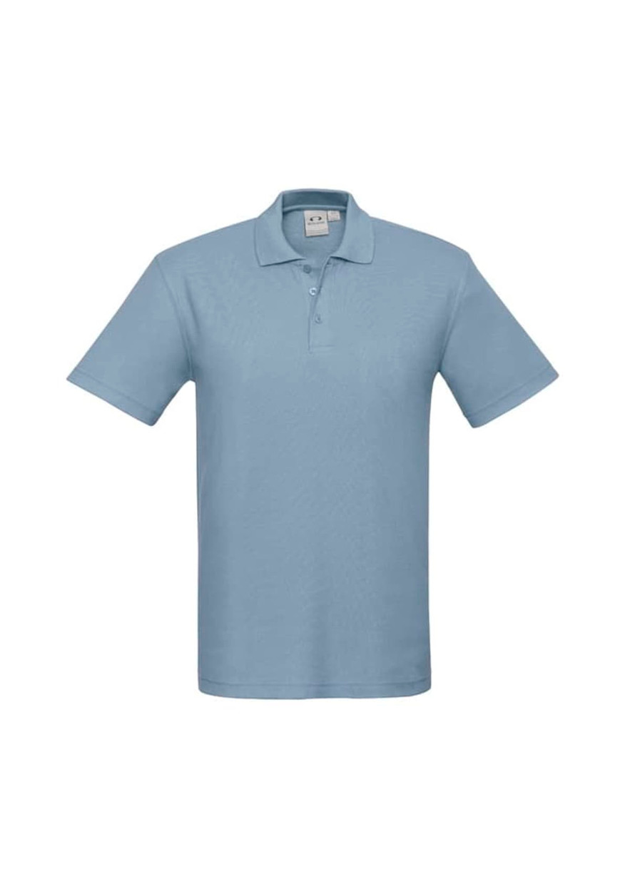 A light blue men's polo shirt with a collar, short sleeves, and a brand logo on the chest area.