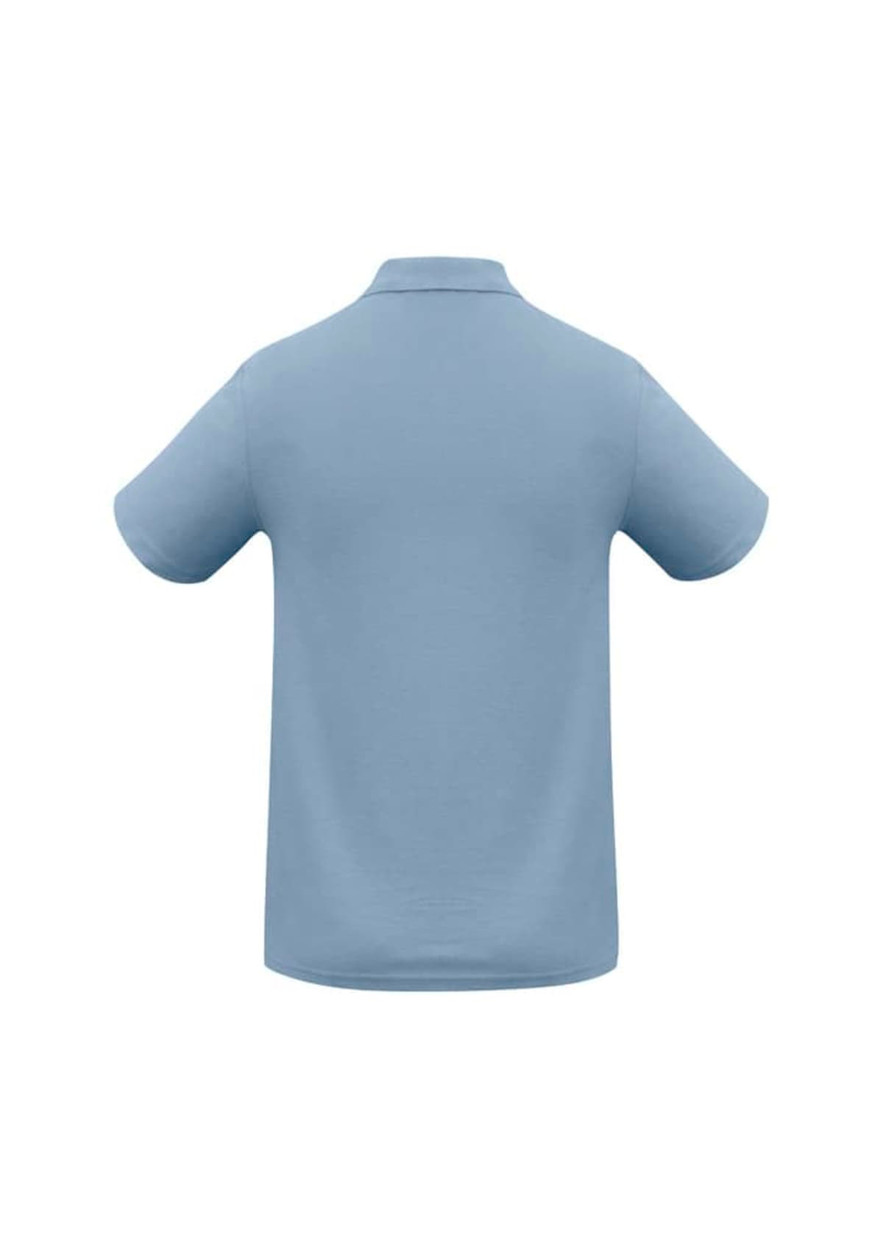 A light blue polo shirt with a collar, featuring short sleeves and a logo on the back.