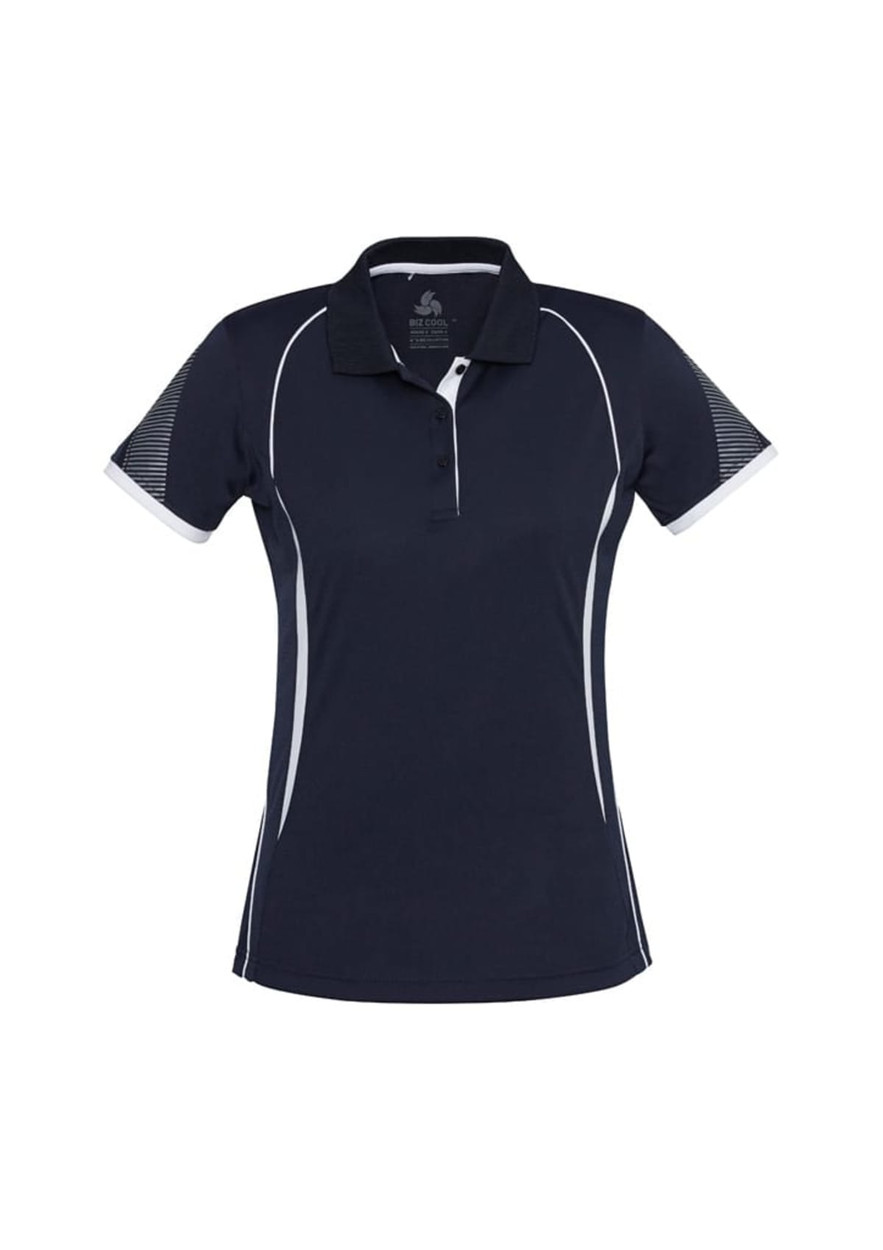 A women's short sleeve polo shirt in navy with white accents and mesh details on the shoulders. It features a logo.