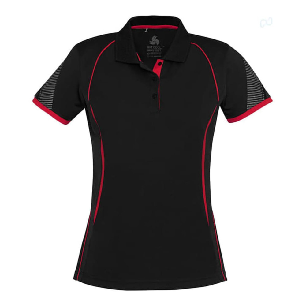 A black women's short sleeve polo shirt with red accents and a logo. Features a classic collar design.