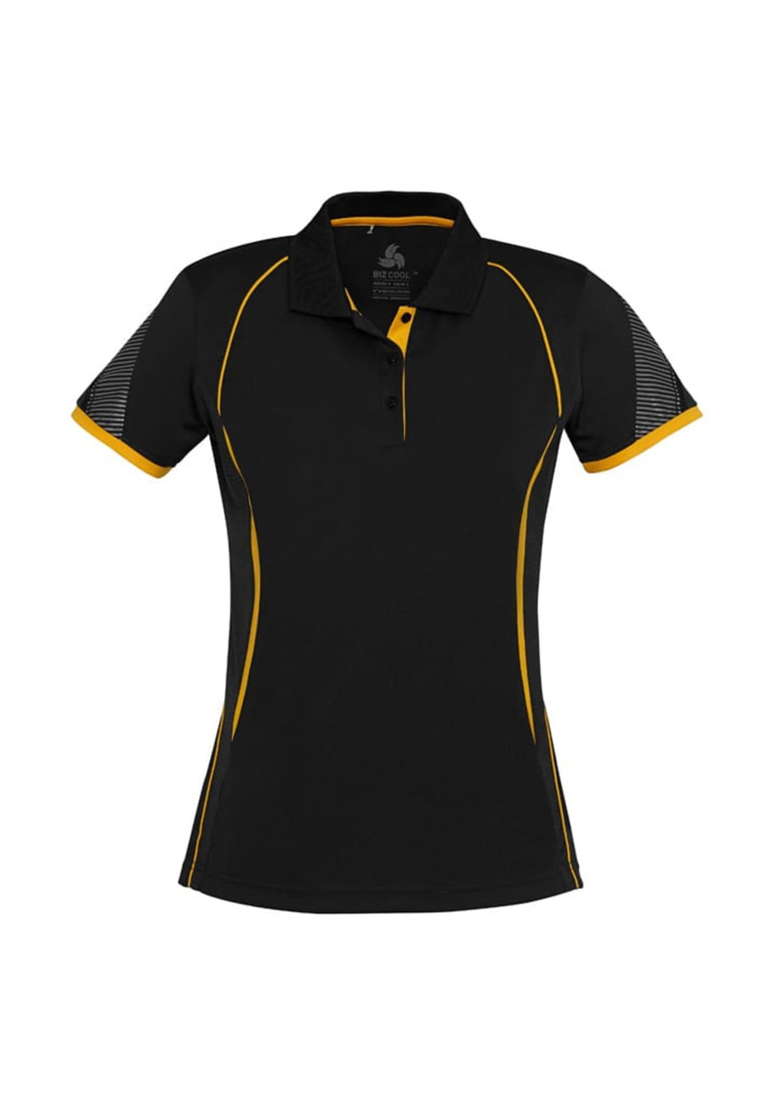 A women's short sleeve polo in black with yellow accents and a logo on the chest. Suitable for casual wear.