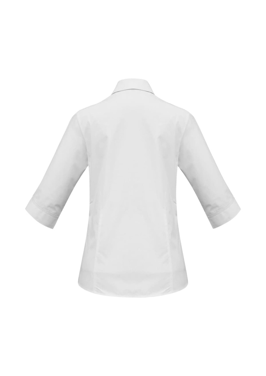 A white women's 3/4 sleeve button-up shirt featuring a rear view design and a logo.