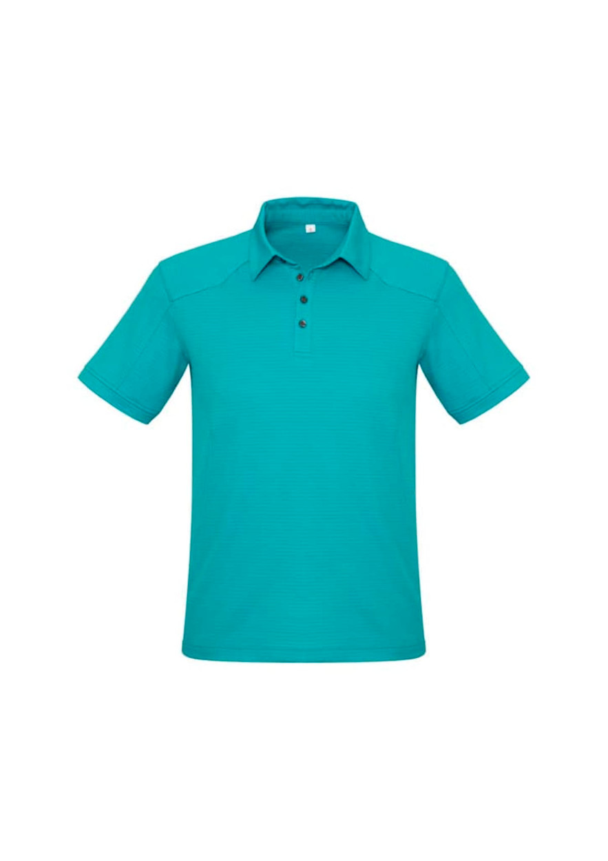 A teal short sleeve polo shirt featuring a collar, three buttons, and a logo.