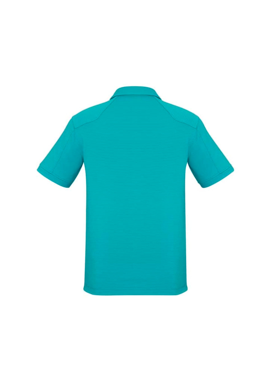 A short sleeve polo shirt in aqua blue, featuring a collar and back detailing, with a logo present.
