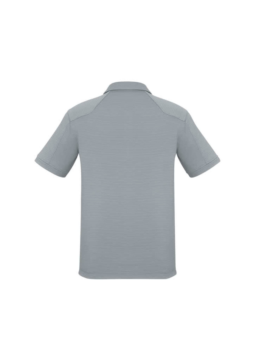 A light grey short sleeve polo shirt with a collar and a logo on the back.