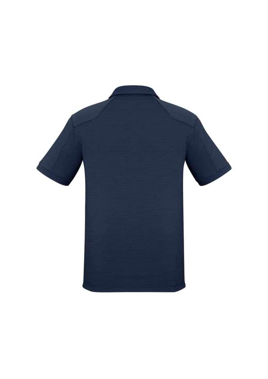 A navy blue men's short sleeve polo shirt with a collared neck and a logo on the side.