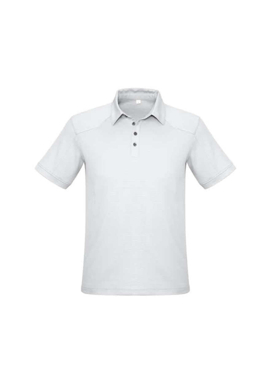 A light grey short sleeve polo shirt with a collar and button placket, featuring a logo on the chest.