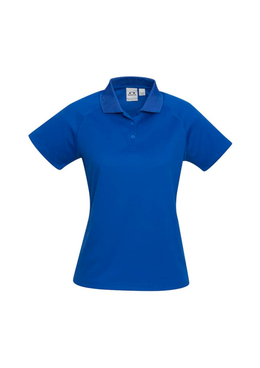 A women's short sleeve polo shirt in a bright blue colour featuring a collar and a logo.